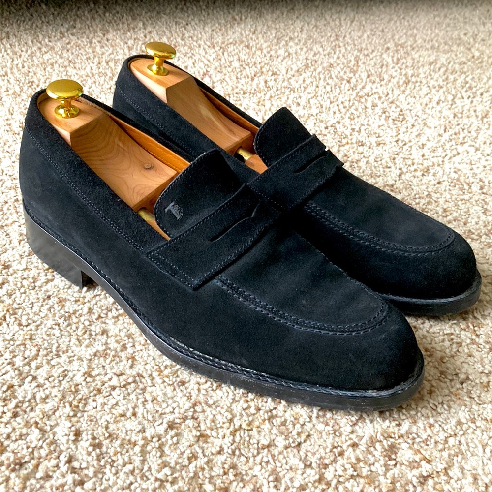 J.P. Tod’s Men’s Black Suede Leather Moc Toe Loafers Shoes. 10.5